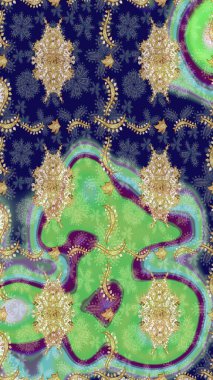 Altın elementlerle mavi renklerde altın desen. Süslü raster dekorasyonu. Barok biçiminde duvar kağıdı tasarımı için şablon çizimi arkaplanı.