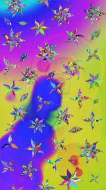 Yapraklı çiçekler ve mor ve sarı renklerde papatya çiçekleri. Raster - stok. Taslak arkaplan deseni.