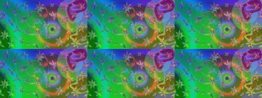 Patlayan çiçekler soyut olarak yerleştirilmiş. Raster deseni. Yumuşak, bahar çiçekleri yeşil ve mavi renklerde. Raster illüstrasyonu.