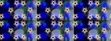 Yapraklı çiçekler ve papatya çiçekli siyah, nötr ve mavi renkler. Kusursuz bir arka plan modeli. Raster - stok.