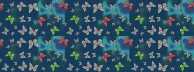 Kelebek deseni. Mavi ve gri arka planda bir resim. Kumaş, tekstil, baskı ve davetiye örnekleri. Robot resim. Raster..