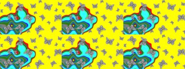 El çizimi, suluboya desenli kelebeklerin çizimi. Sarı ve gri renkli bir resim. Raster illüstrasyonu. Klasik tarzda..