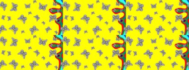 Güzel suluboya kelebekler. Sarı ve gri kelebek çizimi. Fantezi sevimli illüstrasyon. Kıyafetler, erkekler, kızlar ve duvar kağıtları için soyut çizim kalıbı. Raster illüstrasyonu.