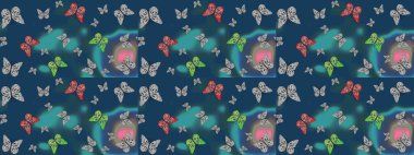 Sevimli kelebekler. Raster geleneksel halk güzel dekor mavi ve gri arka plan giyim tasarımı için.