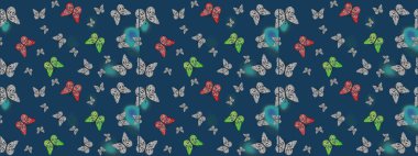 Kelebekli Raster. Mavi ve gri renkli bir resim. Kıyafetler, erkekler, kızlar ve duvar kağıtları için soyut çizim kalıbı. Raster..