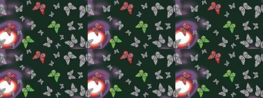 Bir sürü kelebek desenli çizim. Fantezi çizimi. Mavi ve gri renkli resimler. Erkekler, kızlar, kıyafetler, duvar kağıtları için soyut bir model. Raster..