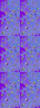 Mor ve mavi renkte çiçekler. Asya tekstil tarzında. Raster illüstrasyonu. Çiçek desenli çizim. Renkli Bahar Teması eskiz kalıbı. Düz Çiçek Elementleri Tasarımı.