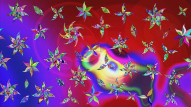 Çiçeksel fantezi tasarımı ve parlak bir arka plan çizimi. Renkli Bahar Teması eskiz kalıbı. Düz Çiçek Elementleri Tasarımı.