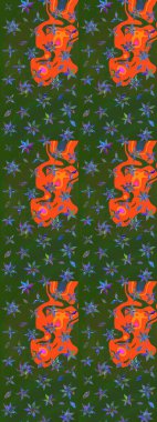 Çiçekli karalama şeklinde Raster çiçek deseni. Yeşil ve turuncu renkli çiçekler. Yumuşak, bahar çiçekli arka plan.