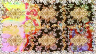 Klasik klasik klasik arka plan. Kahverengi renklerde, altın elementlerle kusursuz desen. Geleneksel oryantasyon süsü. Raster illüstrasyonu. Kusursuz klasik raster altın desenli.