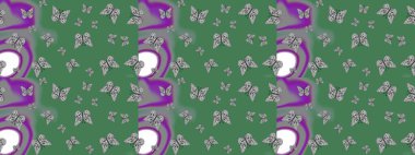 Yeşil ve gri arka planda kelebek desenli çizim. Kumaş, kağıt, ambalaj kâğıdı ve duvar kağıdı tasarımı için hoş bir arka plan. Raster illüstrasyonu.