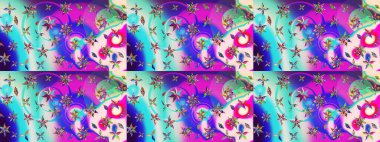 Çiçekli çiçek deseni, suluboya. Düz Çiçek Elementleri Tasarım Raster illüstrasyonu. Mor ve mavi renkte çiçekler. Renkli Bahar Teması çizim kalıbı..