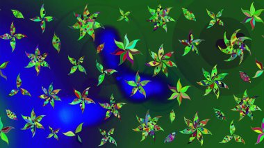 Raster çiçek desenli çiçek deseni, yapraklar, dekoratif elementler, sıçrama, lekeler, el çizimi kontur çizgileri ve Doodle çizim stili, grafik raster çizim çizimi.