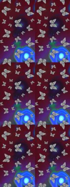 Dekoratif el çizimi kelebekler. Kahverengi ve mor renkli resim. Güzel bir kumaş tasarımı. Raster illüstrasyonu.