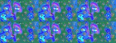 Raster düz çiçek çizim deseni. Yeşil ve mavi renkte çiçekler. Tasarım hediye paketi, tebrik kartları, posterler ve afiş tasarımı.