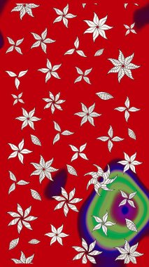 Raster illüstrasyonu. Çiçek desenli çizim. Kırmızı ve nötr renklerde çiçekler. Raster illüstrasyonu. Asya tekstil tarzında.