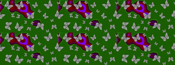 Yeşil ve gri renklerle ilgili çiçek desenli eskiz. Resimlerde tropik kelebekler görülür. Duvar kağıtları, web sayfası geçmişi, yüzey dokuları, tekstil için mükemmel. Raster..