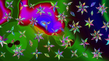 Çok yeşil ve siyah zarif küçük çiçekler ve yeşil ve siyah renkli komik böcekler, raster desen, illüstrasyon.