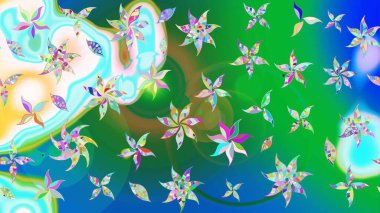 Raster düz çiçek çizim deseni. Hediye ambalaj kağıdı, tebrik kartları, posterler ve pankart tasarımı. Yeşil ve mavi renkte çiçekler.