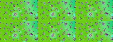 Çiçekli karalama şeklinde Raster çiçek deseni. Nazik, sevimli çiçek arkaplanı. Yeşil ve mavi renkte çiçekler.
