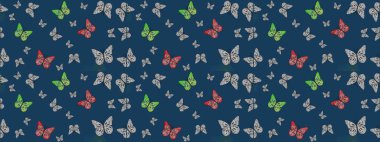 Mavi ve gri renklerle ilgili çiçek desenli eskiz. Resimlerde tropik kelebekler görülür. Duvar kağıtları, web sayfası geçmişi, yüzey dokuları, tekstil için mükemmel. Raster..