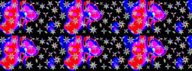 Parlak çiçekli mavi ve siyah renkler üzerine soyut çizim deseni. Küçük çiçekte hoş bir çiçek deseni var. Çiçek elementli zarif raster dokusu..