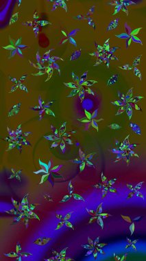 Çiçekli karalama şeklinde Raster çiçek deseni. Raster illüstrasyonu. Kahverengi ve yeşil renklerde yaz çiçekleri.