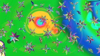 Hediye ambalaj kağıdı, tebrik kartları, posterler ve pankart tasarımı. Raster düz çiçek çizim deseni. Yeşil ve mavi renkte çiçekler.