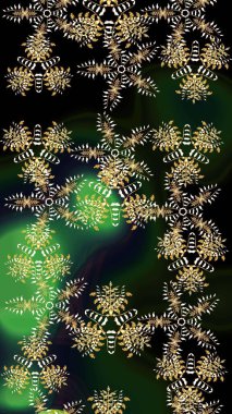 Düz yatıyordu. Siyah, gri ve yeşil renklerde kar tanelerinden oluşan kış deseni. Raster illüstrasyonu. Kış konsepti.