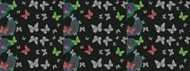 Suluboya soyut parlak desenli kelebek kanatları, retro renkler. Gri ve yeşil renkli resimler. Kumaş, tekstil, baskı ve davet için arkaplan.