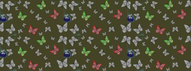 Yeşil ve gri soyut suluboya kelebekleri olan yumuşak bir deniz mavisi deseni. Yazdırmayı tekrarla. Sonsuz. Raster illüstrasyonu.