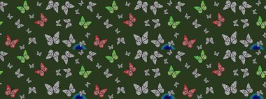 Kelebek yineleme dokusunun güzel çizimi karşıtlık katmanında izole edilmiş. Doğa kelebeği temayı yeşil ve gri renklerle tekrarlıyor. Korunmak için vahşi yaşam böcekleri için arka plan. Raster illüstrasyonu.