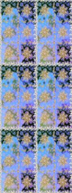 Hassas altın deseni açın. Mavi renklerde altın elementlerle kusursuz desen. Raster. Kusursuz altın desenli bukleler. Parlak dantel, stilize çiçekler, şal desenli. Doğu tarzı arabesk.