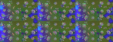 Varicologreen ve Blue Raster çizim çizimi. Küçük çiçekteki sevimli çiçek deseni. Birçok yeşil ve mavi soyut çiçekli tropikal çizim deseni.