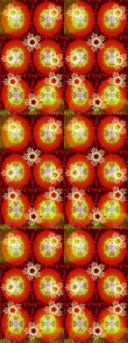 Yüzey için tekrarlanan doku, ambalaj kağıdı, kırmızı ve turuncu renkli kar tanesi. Kış kar taneleri, raster arka plan.