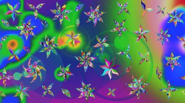 Raster illüstrasyonu. Şirin çiçekli eskiz deseni ve yeşil ve mavi renkli yapraklar, suluboya çiçek deseni, duvar kağıdı, kart veya kumaş için fayanslı.