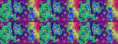 Raster illüstrasyonundaki çiçek desenli çizim. Çiçekler suluboya tarzında yeşil ve mor renkte.