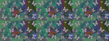 Parlak kelebeklerin eskiz geçmişi. Güzel renkli kelebekler yeşil ve gri renklerde kaotik bir şekilde uçarlar. Uçan güvelerle özgeçmiş çiz. Kumaş, kağıt ve ambalaj için uygun. Raster..