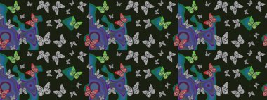 Çocuk kelebek çizim kalıbı. Çocuk için Raster Moda Kelebekleri duvar kağıdı. Gri ve mavi arka planda güzel renkli kelebekler..