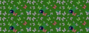 Yeşil ve gri arka planda kelebek desenli çizim. Kumaş, Tekstil, Baskı ve Davetiye için arka plan. Raster illüstrasyonu.