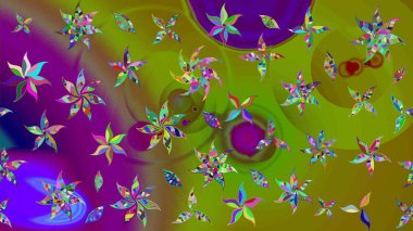 Raster illüstrasyonu. Çiçek desenli çizim. Raster illüstrasyonu. Yeşil ve kahverengi renkli çiçekler. Asya tekstil tarzında.