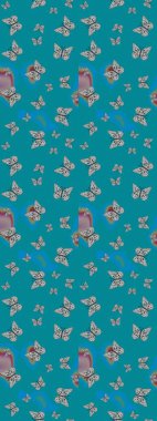 Kelebekli çizim şekli. Bahar ve yaz tasarımı için renkli bir arkaplan. Elle çizilmiş illüstrasyon. Raster renklendirilmiş sonsuz doku.