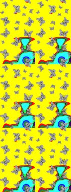 Kelebek desenli güzel çizim tasarımı. Sarı ve gri renkli resimler.