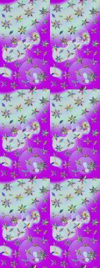 Güzel kumaş deseni. Raster suluboya deseni, narin çiçekler, nötr ve menekşe çiçekleri, tebrik kartı şablonu.