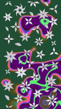 Raster illüstrasyonu. Şirin çiçekli eskiz deseni ve yeşil renkli yapraklar, suluboya çiçek deseni, duvar kağıdı, kart veya kumaş için fayanslı.