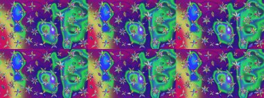 Raster illüstrasyonundaki çiçek desenli çizim. Çiçekler suluboya tarzında yeşil ve mor renkte.