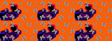 Renk çizimi kalıbı. Mistik, semboller. Turuncu ve siyah arka planda el çizimi. Tekrarlanan karalamalar.