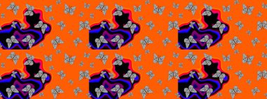 Renk çizimi kalıbı. Mistik, semboller. Turuncu ve siyah arka planda el çizimi. Tekrarlanan karalamalar.