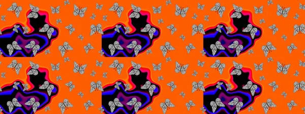 Renk çizimi kalıbı. Mistik, semboller. Turuncu ve siyah arka planda el çizimi. Tekrarlanan karalamalar.