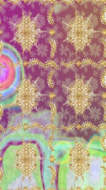 Süslü raster dekorasyonu. Lüks, kraliyet ve Viktorya dönemi konsepti. Tarafsız yerine altın rengi barok çiçekli eskiz deseni. Tarafsız renklerde altın element.